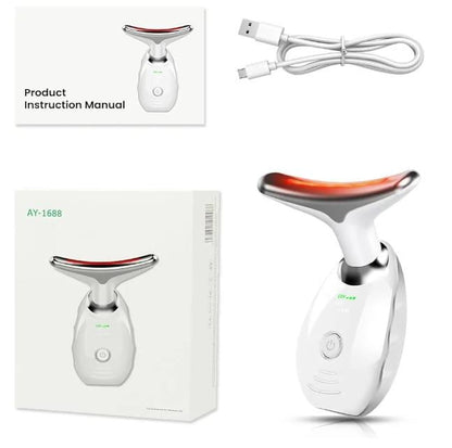 Contenido de la caja: masajeador facial LED, cable de carga USB y manual de instrucciones