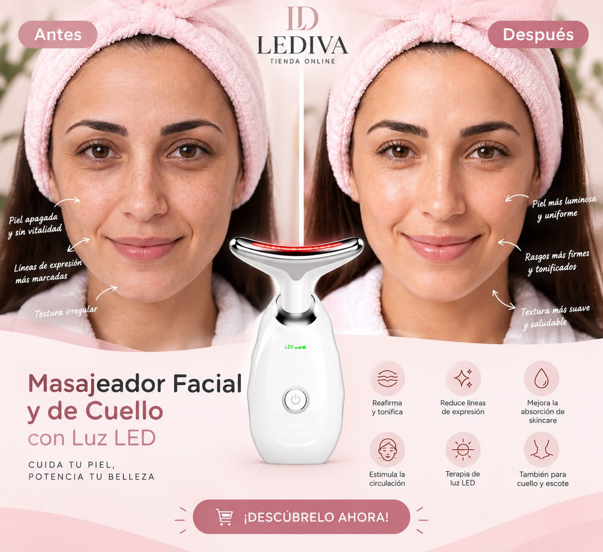 Masajeador facial y de cuello con luz LED Lediva: antes y después y sus beneficios