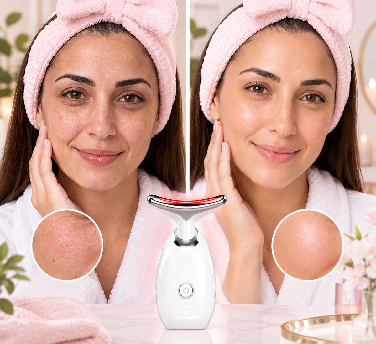 Antes y después de usar el masajeador facial y de cuello con luz LED